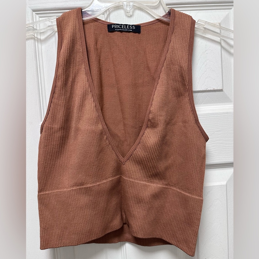 Brown Ribbed V-Neck Tank Top